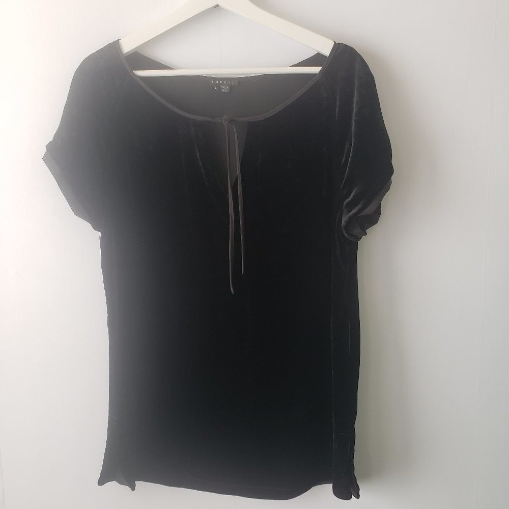 Theory womens Crushed Velvet  top size L Short Sleeve bow Keyhole